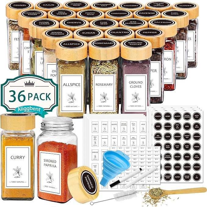 Aliggbent Spice Jars with Labels 36 Pcs 4 oz Glass Bamboo Lids Shaker Set | Glass Seasoning Jars Spice Containers Shaker Lids Collapsible Funnel Airtight Seal for Pantry Cupboard Storage Organization