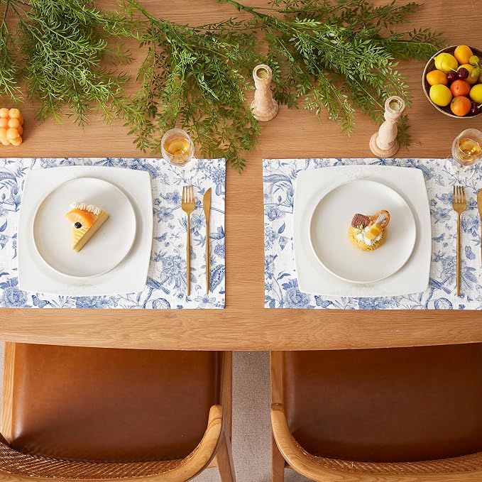 QIYI Boho Table Placemats Set of 6, 12"x18" Linen Place Mats, Blue Garden | Fabric Place Mats for Kitchen Dinning, Farmhouse Rustic Cloth Table Mats, Washable Placemat Party Table Décor