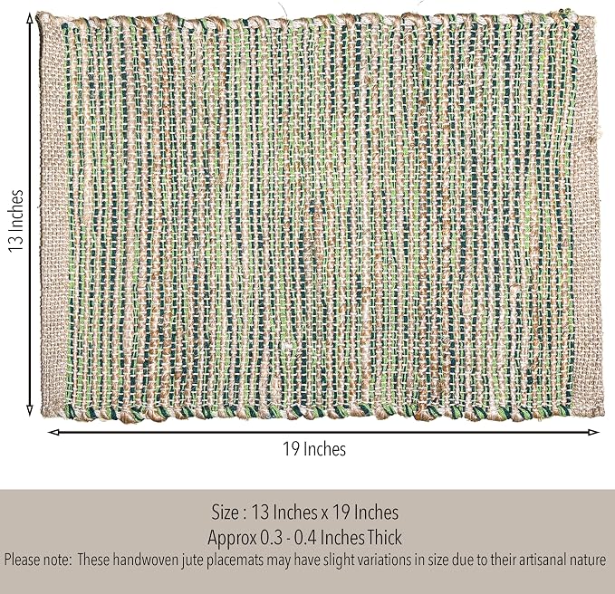 Natural Jute & Green Placemats, Set of 4 – Rustic Handmade Boho Table Mats, 13x19 Inch Dining Table Placemats for Kitchen, Everyday Meals, Holidays, Farmhouse or Modern Table Décor