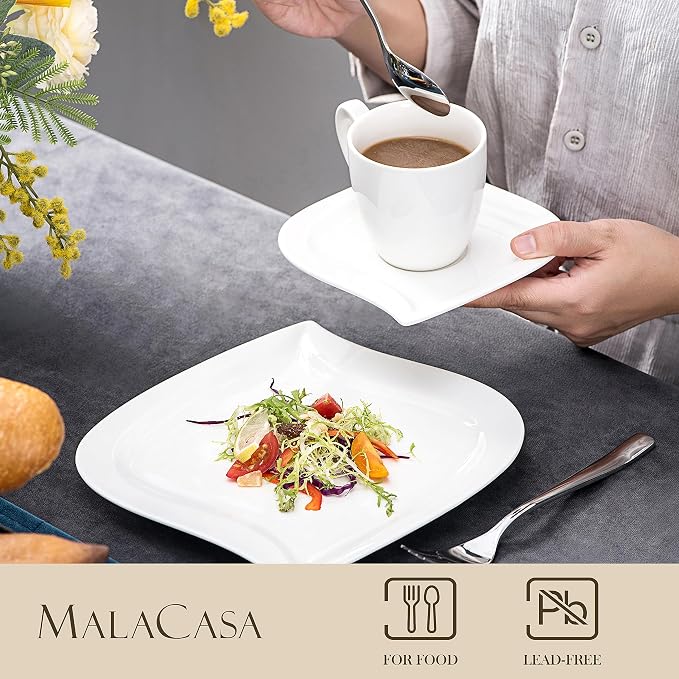 MALACASA 30 Piece Porcelain Dinnerware Set, Ivory White for 6 | Complete with Plates, Bowls, Cups, Saucers, Microwave Oven and Dishwasher Safe Porcelain, Modern Square Design, Service for 6