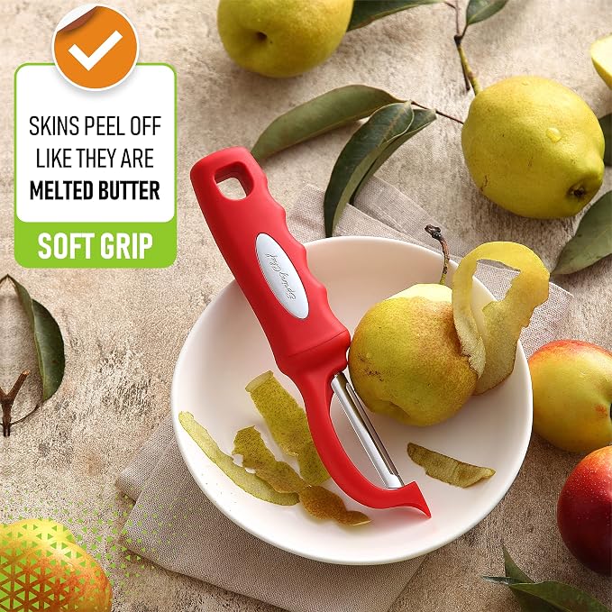 Spring Chef Swivel Vegetable Peeler for Kitchen with Soft Grip Handle, Red | Premium Potato Peeler w/ Ultra Sharp Stainless Steel Blades, Multifunctional Veggie Peeler for Apple, Carrot, Cucumber, Fruit