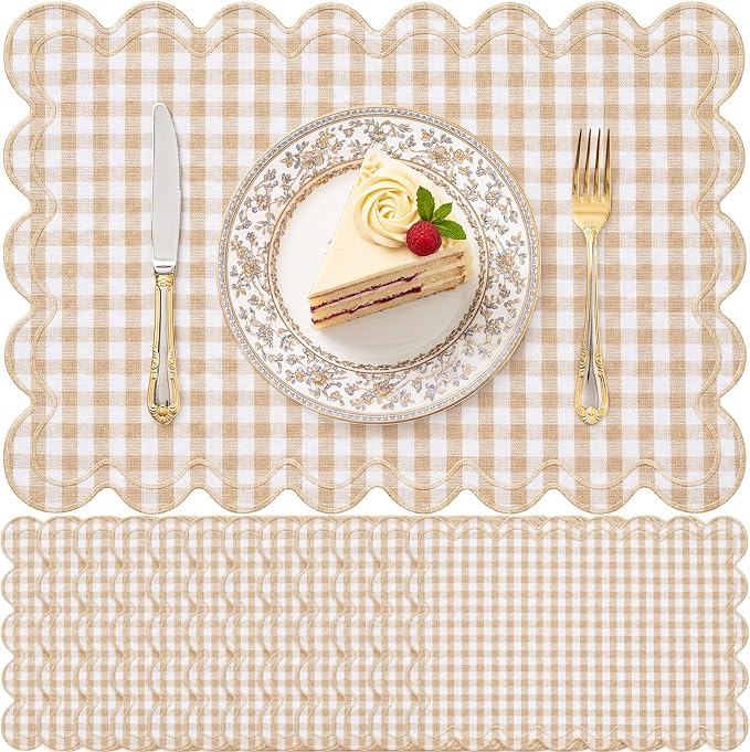 Linen Placemats Set of 12 Scalloped Placemat 13 X19 Wavy Embroidery Double Layered Washable Farmhouse Dinner Fabric Table Mat Napkin for Wedding Party Restaurant(Plaid,Khaki)