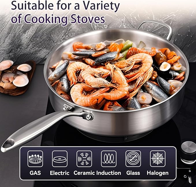5-Quart Tri-Ply Stainless Steel Saute Pan wih Lid | 12 Inch Deep Frying Pan | Induction Cooking Skillet | Jumbo Cooker | Dishwasher and Oven Safe | Detachable Handle | Compatible with All Cooktops