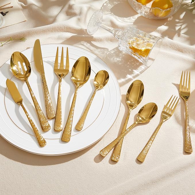 65 Piece Gold Silverware Set with Serving Utensils, 18/10 Stainless Steel | Hammered Ripple Handles, Serving Utensils, Dishwasher Safe, Rust Resistant, for Weddings, Parties & Holiday Dinners