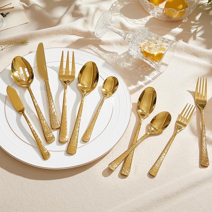 45 Piece Gold Silverware Set with Serving Utensils, 18/10 Stainless Steel | Hammered Ripple Handles, Serving Utensils, Dishwasher Safe, Rust Resistant, for Weddings, Parties & Holiday Dinners