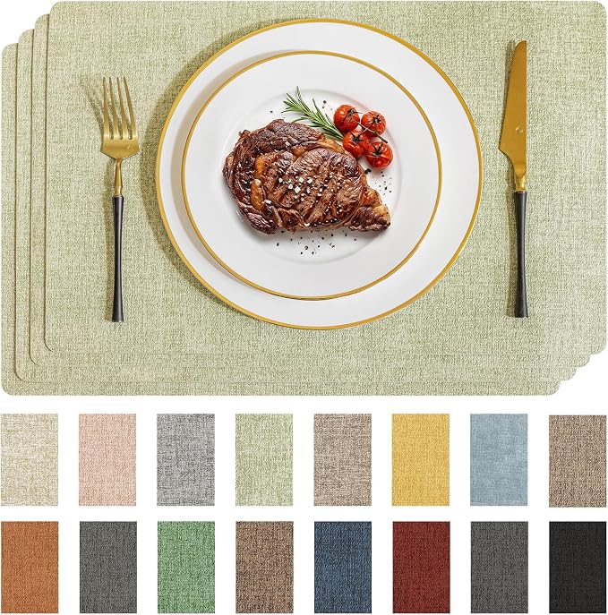 Romanstile Vinyl Placemats Set of 4-12 X 17 Inch - Faux Leather 100% Waterproof Wipeable Anti Slip Place Mats, Heat Resistant Reversible PU Table Mats for Kitchen Dining Party Outdoor, Grass Green