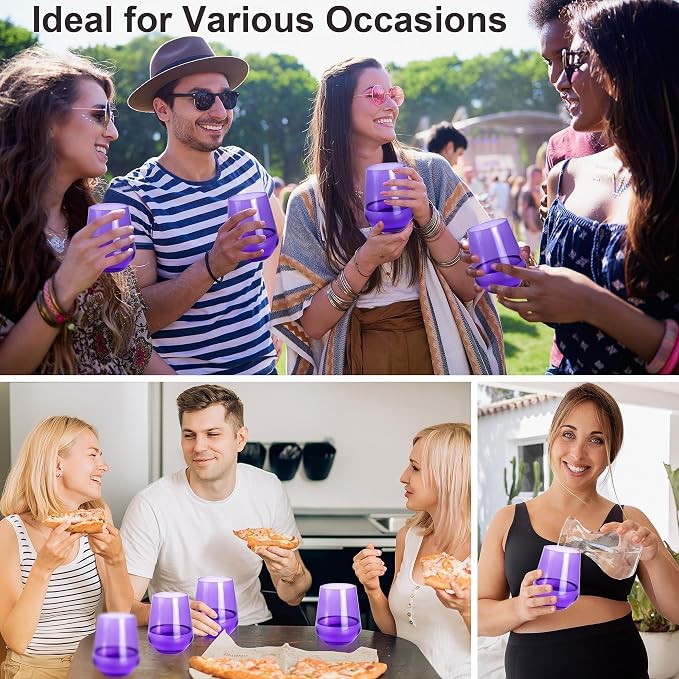 Purple Stemless Wine Glasses Set of 6, 15oz Drinking Glassware Dishwasher Safe, Wine Glass Tumblers for Red or White, Gift for Party, Holiday, Anniversary, Restaurant, Home Bar, Daily Use