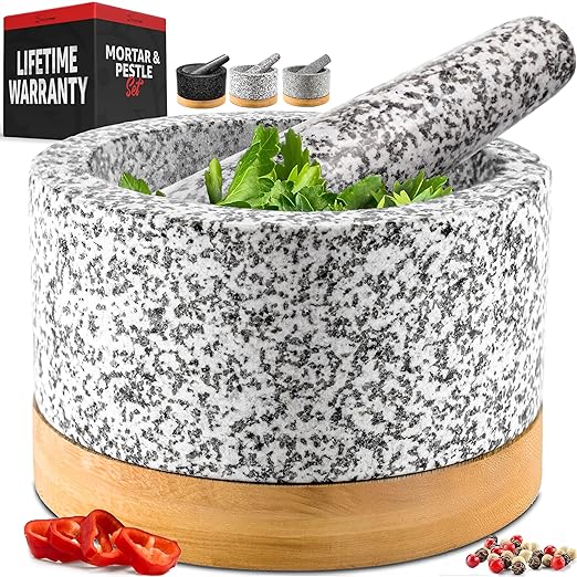 PriorityChef Heavy Duty Mortar and Pestle Set with Bamboo Base, 100% Natural Granite Stone Grinder, Guacamole Bowl and Masher, 1.5 Cups, White