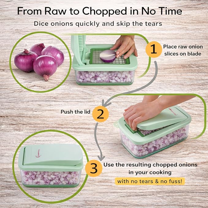 Onion Chopper Vegetable Dicer: Brieftons QuickPush Push-Down Food Chopper, Green, 3 Extra Large Blades, 200% More Cutting Area, 2.6-Quart Container, No Electricity, 12mm/23mm Dice & 6mm Slice