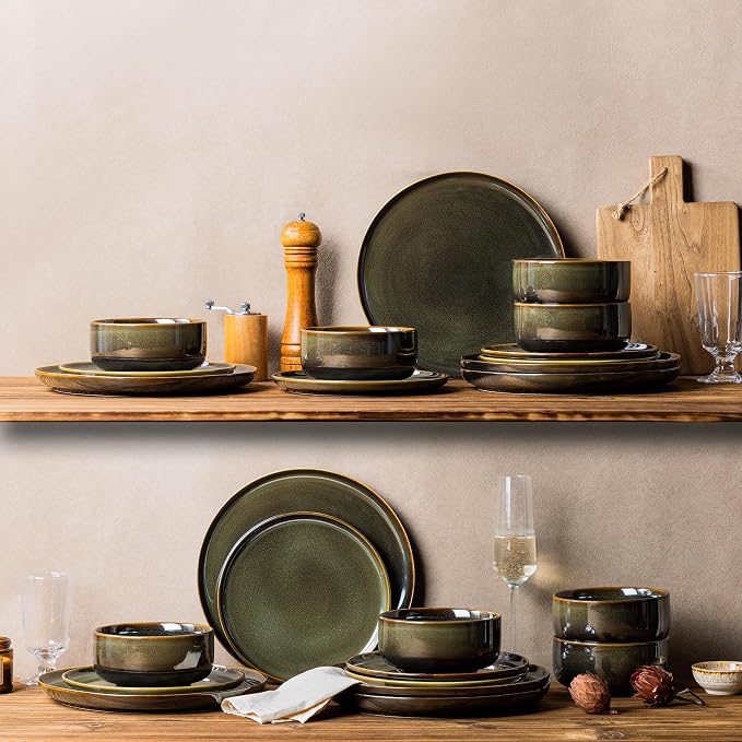 Ceramic Dinnerware Set for 8, 24-Piece Plates and Bowls Set | Handmade Reactive Glaze Dish Set, Scratch Resistant, Oven & Microwave & Dishwasher Safe, Olive Green