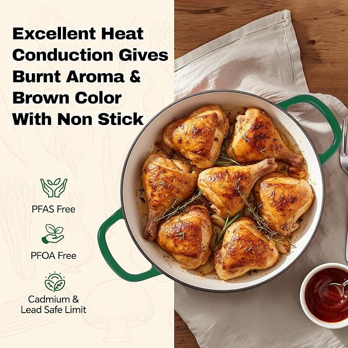 3 Quart Enameled Cast Iron Braiser, Non Stick Enameled Cast Iron Skillet with Lid, Dutch Oven Skillet with lid up to 500°F for Oven, Stove, Grill, Shallow Dutch Oven for Cook, Bake (Green)