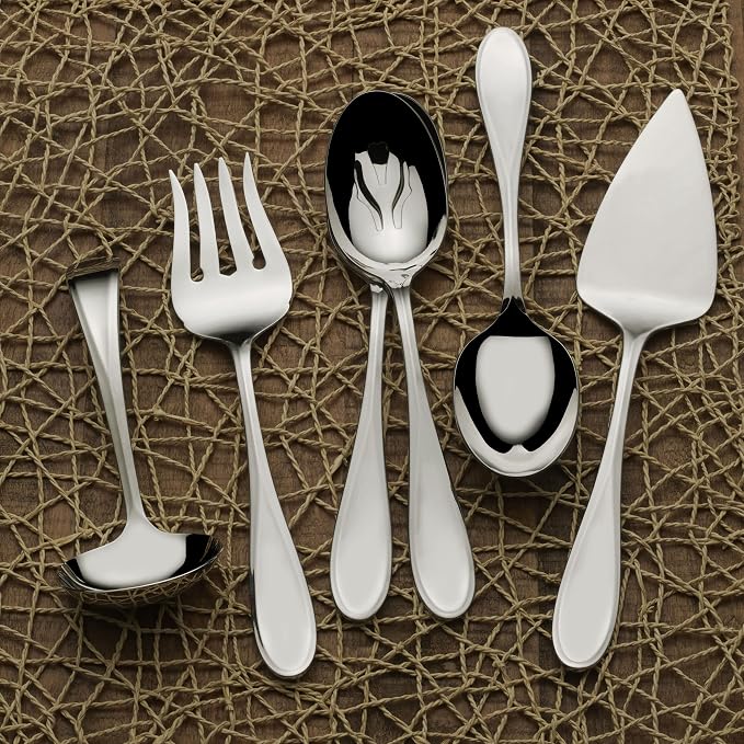 Mikasa Bravo 18/10 Stainless Steel 6-Piece Serving Set - Serving Spoons, Fork, Pie Server, Gravy Ladle - Polished Silverware Flatware Serveware