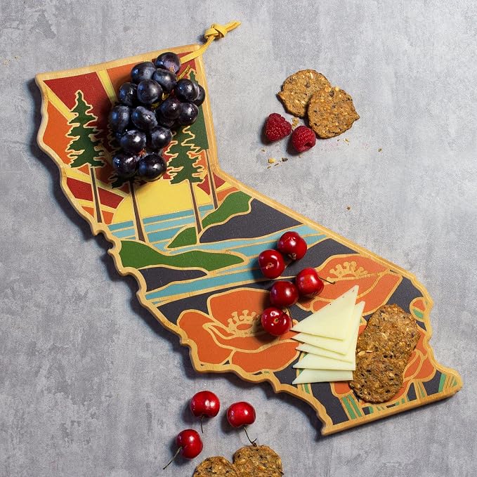 Totally Bamboo California State Shaped Cutting Board, Summer Stokes Art | State charcuterie board with colorful hand-drawn landscape art. Smooth reverse side for food prep. Hang tie for wall display.