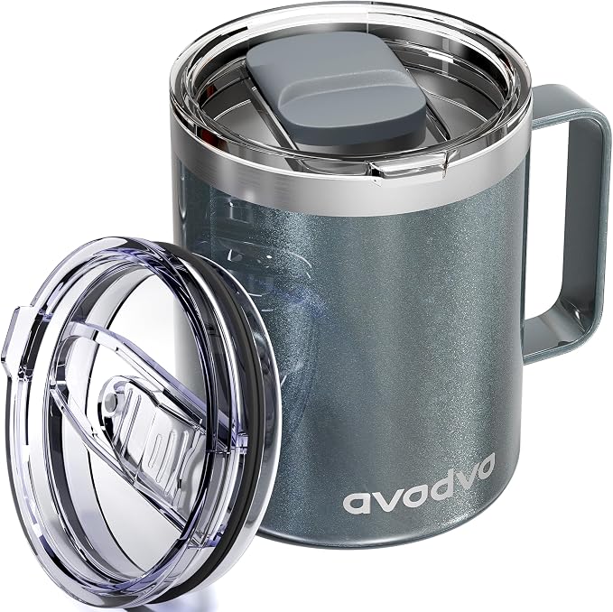 12oz Insulated Coffee Mug with Lid – Includes Two Lids, Stainless Steel Coffee Travel Mug with Handle, Double Wall Vacuum Insulated Camping Mug for Home, Office & Outdoor, Cool Gray