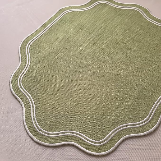 6 Pcs Sage Green Wedding Placemats Scalloped Embroidered Cotton Linen Placemats 17" x 13" Double Layered Machine Washable Table Place Mat for Party Table Decor (Cotton)