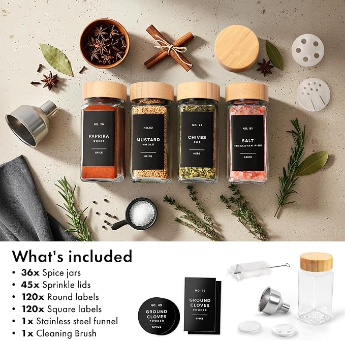 Glass Spice Jars with Label, 36x Bamboo Wooden Lids - Black Labels | Airtight Lids keep spices fresh, Kitchen Spice Drawer Organizer, 4oz Seasoning Containers incl. Funnel, Brush & 240 Labels