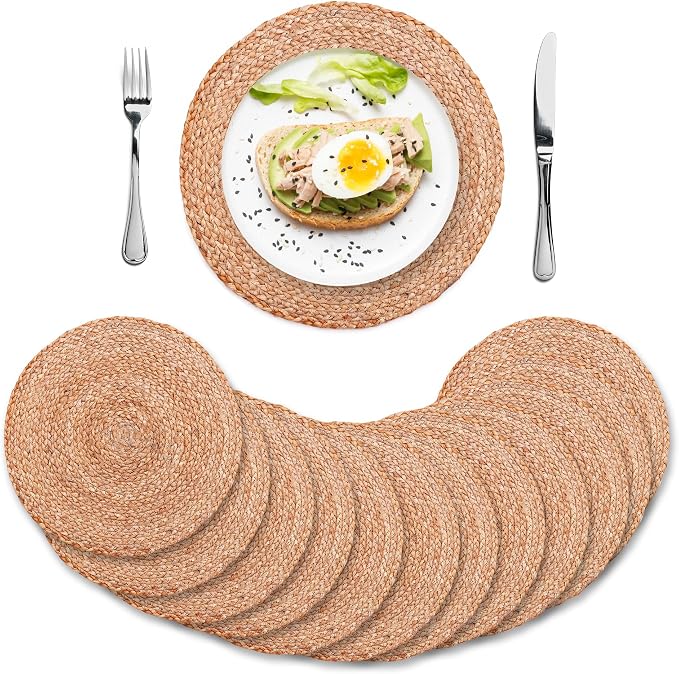 Natural Jute Placemats Set of 12, Round Woven Table Mats, 13 Inch Rattan Charger Plates, Bulk Set for Weddings, Parties & Events