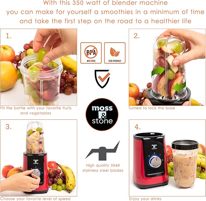 Moss & Stone Personal Smoothie Blender, Single Serve Blender for Shakes & Protein, 17oz Blend Cup & 10oz Grind Cup, Compact Mini Design for Home, Office, Gym & Travel