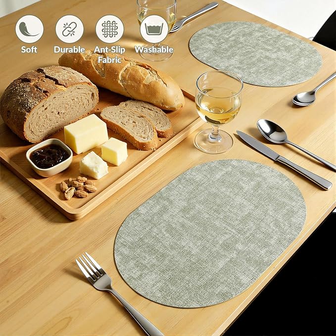 Placemats Set of 4, 11.8 x 17 Inch, Grass Green | Heat Resistant Oval Faux Leather Place Mats, Waterproof Wipeable Reversible PU Placemat, Indoor & Outdoor