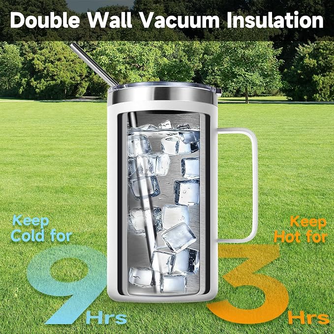 Volhoply 22oz Insulated Stainless Steel Coffee Mugs with Leakproof Lid Bulk 2 Pack,Double Wall Vacuum Travel Coffee Cup with Handle,Reusable Metal Tumbler,Camping Mug Keep Hot&Cold(White,2)