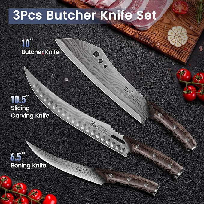 Butcher Knife Set, Cleaver, Breaking & Boning Knife for Meat & BBQ | Japanese Style High Carbon Steel Kitchen Knives Set for Brisket Slicing, Wenge Wood Full Tang Ergonomic Handle, Ideal Gift