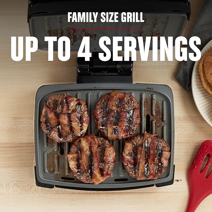 George Foreman Fully Submersible 4-Serving Grill | Dishwasher-safe grill with fast preheat, adjustable hinge and durable nonstick coating for family meals.
