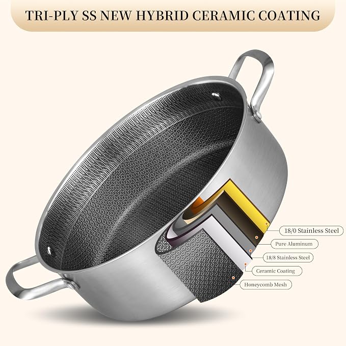 Inqibee 5 QT Saute Pan with Lid, 12 Inch Deep Frying Pan, Riveted Handle | Hybrid Ceramic Nonstick Cookware, Tri-Ply Stainless Steel Pan, PFOA Free, Induction Cooking Pan, Dishwasher and Oven Safe