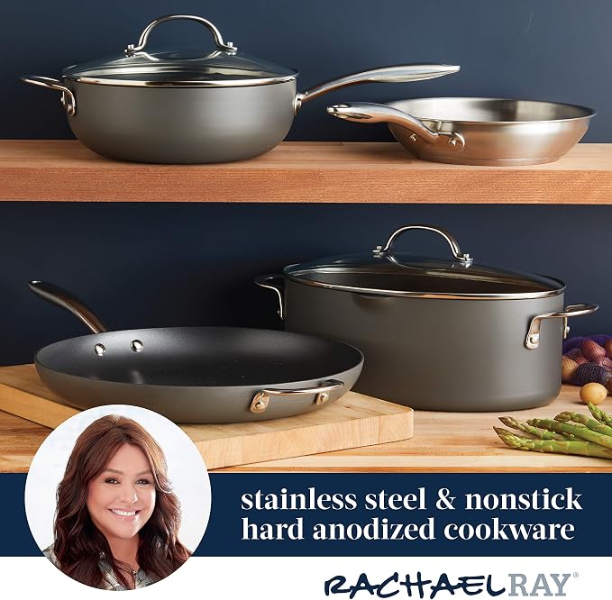 Rachael Ray Cookware, Professional Hard Anodized Nonstick Cookware Oval Pasta Stockpot and Braiser, 8-Quart, Gray
