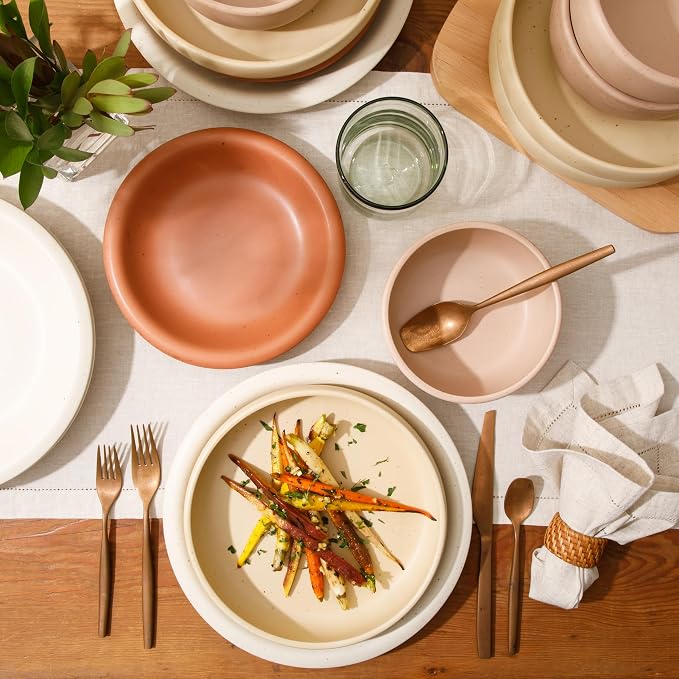 Corsica Clay Dinnerware Set - Stackable Colorful Boho Reactive Glaze Plates and Bowls Set -2 Time Oprah's Favorite Things Brand- 16 Piece (Service for 4)- Matte Assorted Pottery Colors