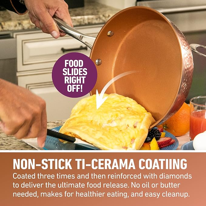 Gotham Steel Hammered Frying Pan Set, 3 Piece Nonstick Copper Fry Pans, 8”, 10” & 12” Skillet, Omelet Pan, Cookware, PFOA Free, Dishwasher Safe, Cool Touch Handle | 8, 10, 12" Fry Pans, Non Toxic PFOA/PFOS/PTFE Free, Induction Compatible, Oven and Dish...