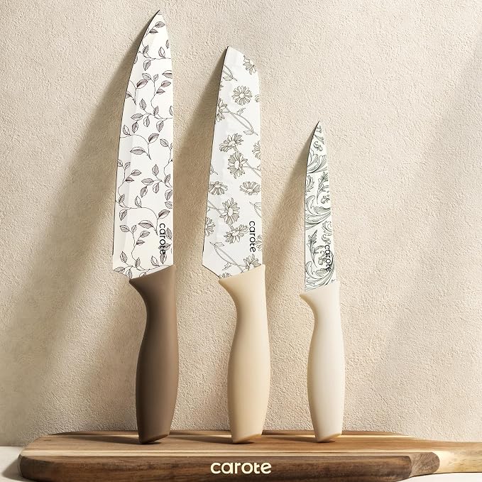 CAROTE Kitchen Knife Set, 6 Floral Knives with 6 Blade Guards, 12-Piece | Stainless Steel Blades, Ceramic Nonstick Coating, Long-Lasting Sharpness, Rust-Resistant, Non-Slip, Dishwasher Safe