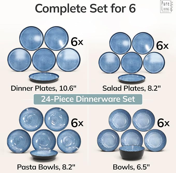 24 Piece Dinnerware Sets for 6 - Stoneware Tableware Set - Bowl and Plate Set - Dinner Service 6 persons - Tableware Sets Pure Living Black Deep Blue