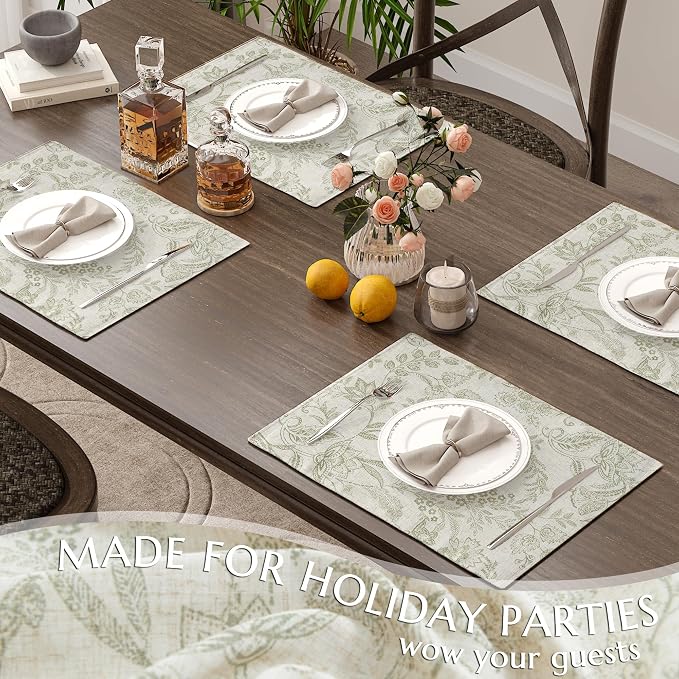 jinchan Linen Floral Placemats Set of 4 Farmhouse 13x19 Inch Green | Fabric Placemats, Cottage Style, Vintage Botanical Pattern, Machine Washable, Easy to Store, Reusable