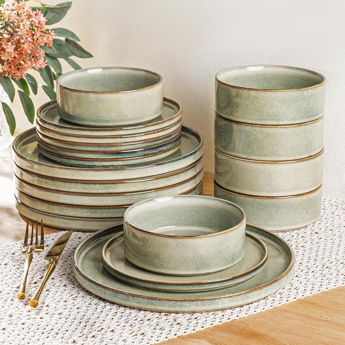 AmorArc Ceramic Dinnerware Sets for 6,18 Piece Plates and Bowls Sets Dishes | Stoneware Handmade Reactive Glaze Dishes Set | Highly Chip and Crack Resistant | Dishwasher & Microwave Safe