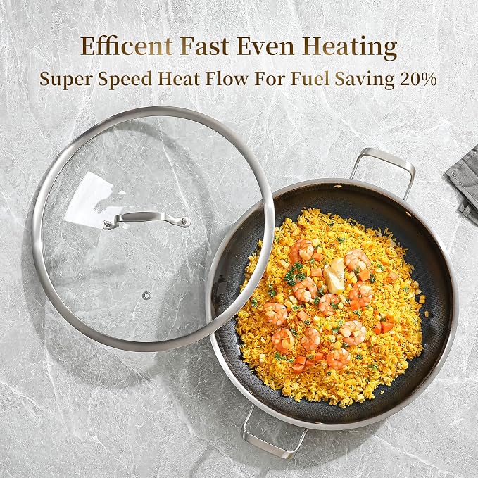 DELARLO Nonstick Paella Pan With Lid 14 Inch, Tri-Ply Stainless Steel Large Skillet, Everyday Pan, Fast & Even Heating Induction Cooking Pan, Dishwasher and Oven Safe, Heavy Duty Style