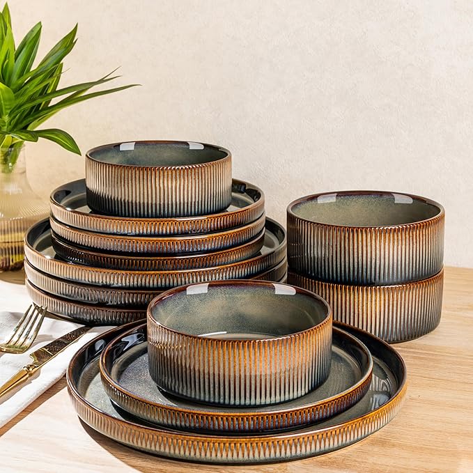 Ceramic Dinnerware Set for 4, 12-Piece Plates and Bowls Set | Lightweight Porcelain Dish Set, Scratch Resistant, Oven & Microwave & Dishwasher Safe, Brown