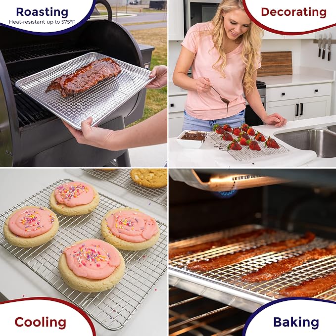 Jelly Roll Cooling Rack Stainless Steel Oven Safe Set of 2 | Fits standard 10x15 jelly roll pans for grilling, broiling, drying and draining grease while baking