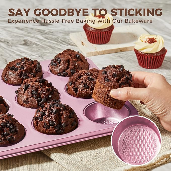 9-Piece Baking Pans Set Nonstick, Stackable Non Toxic Bakeware Sets with Diamond Texture, Oven Pan Set for Cooking, Includes Cookie Sheet with Rack, Cake Pan, Roasting Pan, Muffin Tin, Pink