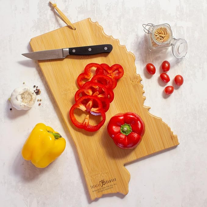 Totally Bamboo Mississippi State Shaped Cutting Board, Art by Fish Kiss | State charcuterie board with colorful hand-drawn map artwork. Smooth reverse side for food prep. Hang tie for wall display.
