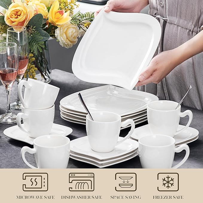 MALACASA 30 Piece Porcelain Dinnerware Set, Ivory White for 6 | Complete with Plates, Bowls, Cups, Saucers, Microwave Oven and Dishwasher Safe Porcelain, Modern Square Design, Service for 6