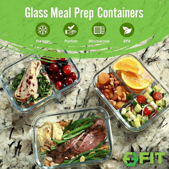 Glass Meal Prep Containers 1 & 2 & 3 Compartments, Airtight, 35 oz, 3 Pack | Bento Lunch Box, Stackable Portion Control Food Storage Containers for Adults, Divided, Microwave Oven Freezer Safe, Black