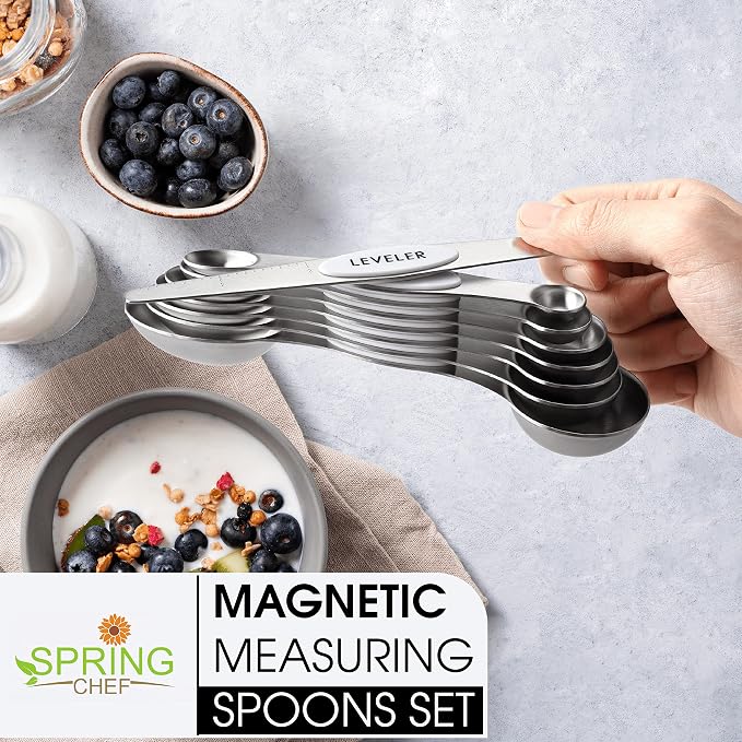 Spring Chef Stainless Steel 8 Magnetic Measuring Spoons for Kitchen, White | Dual Sided Metal Teaspoon & Tablespoon Measuring Spoons w/ Leveler for Dry & Liquid Ingredients, Nesting, Fits in Spice Jars