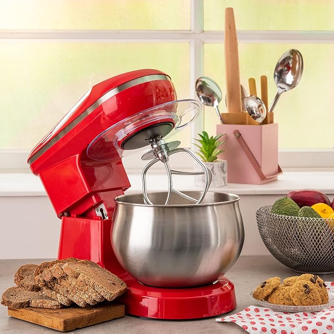 Moss & Stone Stand Mixer, 6 Speed Electric Mixer With 5.5 Quart Stainless Steel Mixing Bowl, Red Body Kitchen Mixer With Dough Hook, Whisk, Beater & Baking Spatula, Classic Food Mixer