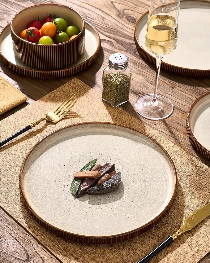 Dinnerware Set for 6, Ceramic Ribbed Plates, Bowls, Dishes | 18-Piece Stoneware Dinner Sets, Handmade Reactive Glaze, Microwave & Dishwasher Safe, Chip & Scratch Resistant, Cream Brown