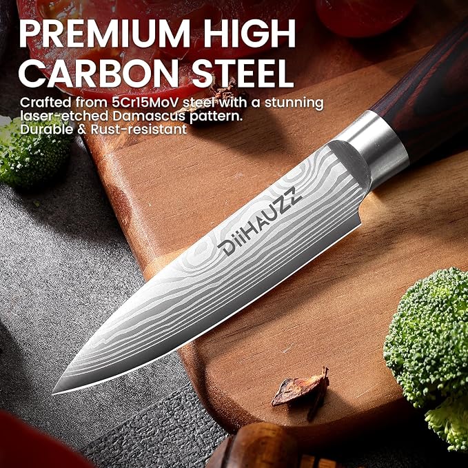 DiiHAUZZ Paring Knife, 3.5 Inch Fruit Knife, High Carbon Stainless Steel | Ultra Sharp 12-15° Blade, Ergonomic Pakkawood Handle No Cracking, Peeling Fruits Cutting Slicing Vegetable, Gift Box & Sheath