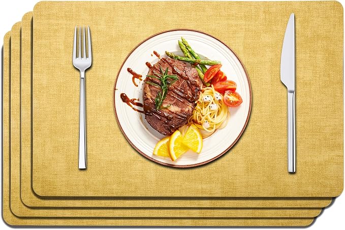 Maxpearl Faux Leather Placemats Set of 4, Easy to Clean, Light Yellow | Waterproof - Heat Resistant - Non Slip - Wipe Clean Dining Table Place Mats, Suitable for Indoor & Outdoor Use, 17''×12''