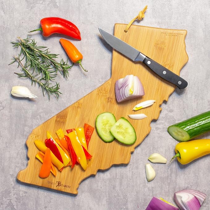 Totally Bamboo California State Shaped Cutting Board, Summer Stokes Art | State charcuterie board with colorful hand-drawn landscape art. Smooth reverse side for food prep. Hang tie for wall display.