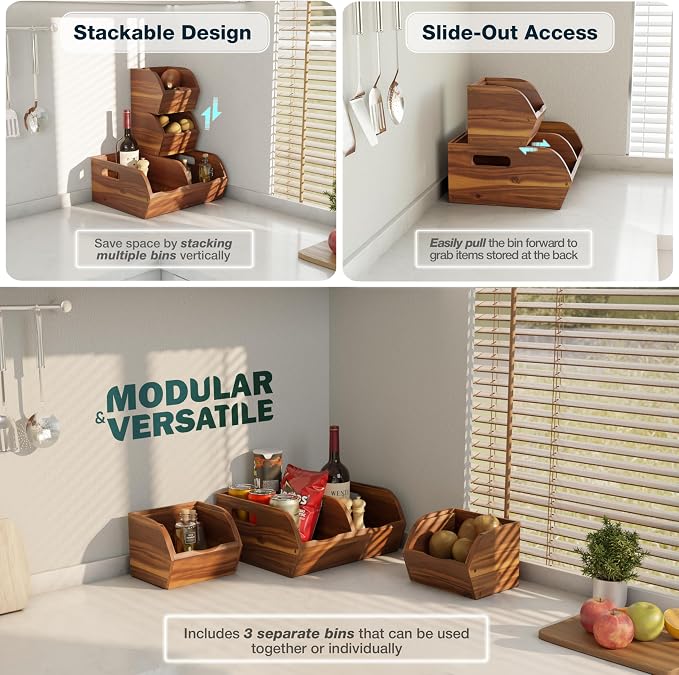 Acacia Pantry Storage Bins, Stackable Potato and Onion Organizer | Easy Assembly With Included Hardware – Stack 3 Modular Bins Or Use Separately For Flexible Storage And Open-Front Access