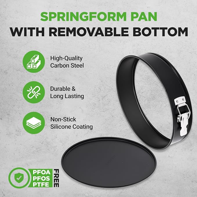 NutriChef 9 Inch Nonstick Cheesecake Springform Cake Pan | Stainless Steel Clasp & Removable Bottom | Durable Stainless Steel Cheesecake Pan | Easy to Clean | Includes 100 Parchment Papers | Black