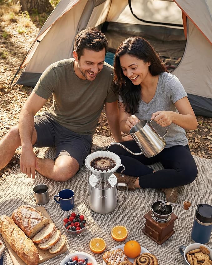 AGOGO Stainless Pour Over Coffee Maker Set, 50 Paper Filters, 30oz, Sliver | Unbreakable carafe for kitchen RV camp and office, includes barista towel, lead-free food grade 304 stainless steel